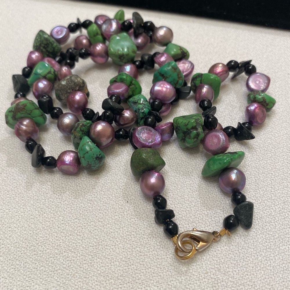 Vintage Turquoise Pearl And Black Onyx Necklace - Picture 11 of 12